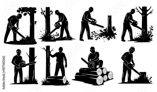 Landscaper Chainsaw Worker Silhouette Set Tree Cutting Gardener Vector Collection