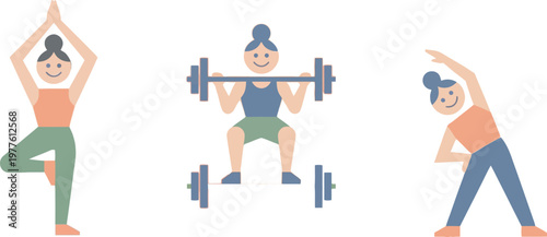 Minimalist Flat Illustration Set of Woman Doing Yoga Tree Pose Weightlifting Squats and Stretching Concept