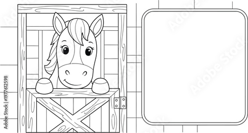 Cute horse in stable stall coloring page for kids with copy space