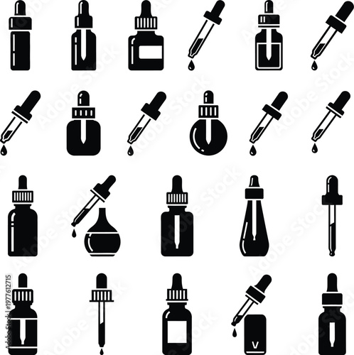 Essential oil and serum dropper bottles collection: pipette applicators for liquids with medicine