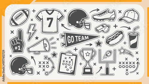 Large Collection of American Football Sticker Icons Featuring Helmets, Jersey, Trophy, Goal Post and Game Day Snacks Black and White Vector Set