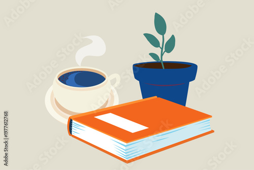 Simple flat illustration with book coffee cup and plant minimal workspace study concept design