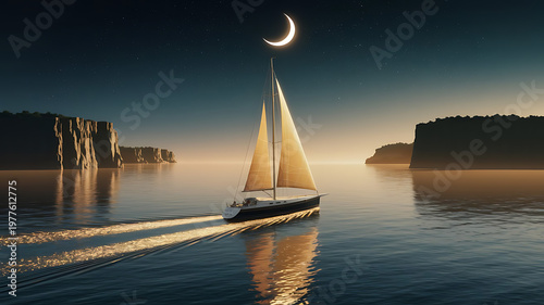 Sailing Boat on Calm Ocean at Night with Crescent Moon and Scenic Cliffs