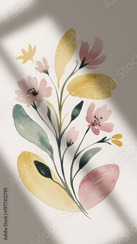 Soft Pastel Watercolour Floral Illustration with Gentle Leaves and Shadow