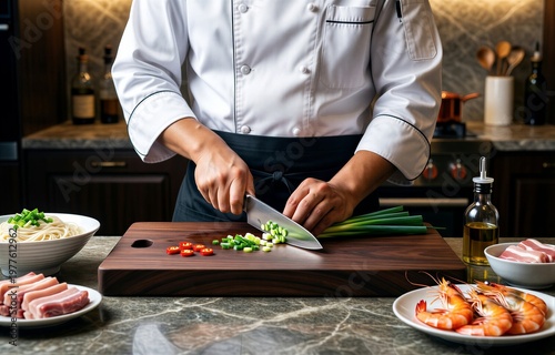 Chef in modern kitchen chopping vegetables for Hokkien Mee. Concept of cooking noodles with pork shrimp sauce in dimly lit space, marble countertop, utensils around.