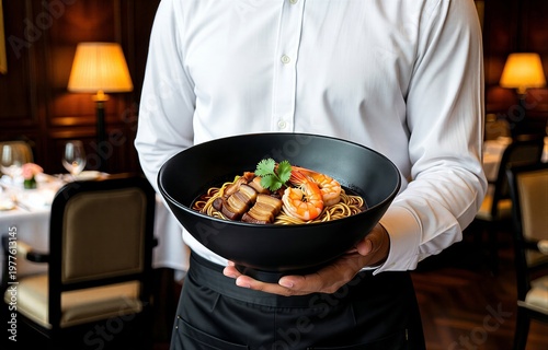 Chef holding bowl of Hokkien Mee with cooked noodles, shrimp, herbs. Concept of cozy dining atmosphere featuring noodles with pork shrimp sauce.