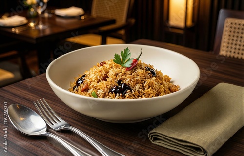 Nasi Goreng served in warm, luxurious dining room. Bowl filled with fried rice, black olives, sprig of parsley. Concept of cozy ambiance, elegant setting, fried rice with sweet soy.