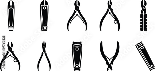 Set of nail clipper and manicure tool icons with cuticle nipper beauty tool personal care