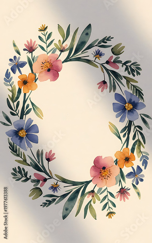 Watercolor Floral Background with Pastel Pink Flowers and Soft Green Leaves