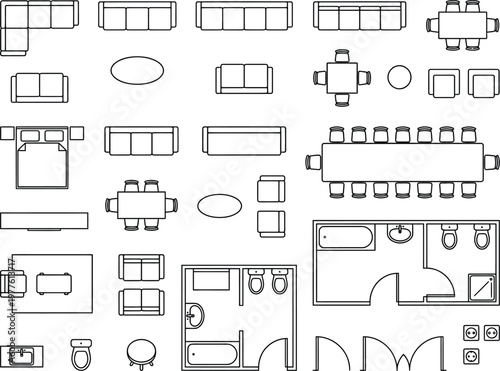 Architectural Floor Plan Symbols Vector Set, Top View Furniture and Bathroom Fixtures 2D CAD Blocks