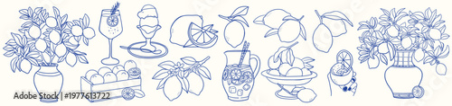 Italian lemon whimsical doodle icons. Hand drawn lemon illustration set with limoncello drinks, lemon branches, vases and desserts. Mediterranean summer food sticker collection.