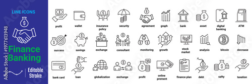 finance icon set collection. Banking icon set. including profit, wallet, insurance, policy, security, agreement. vector illustration.