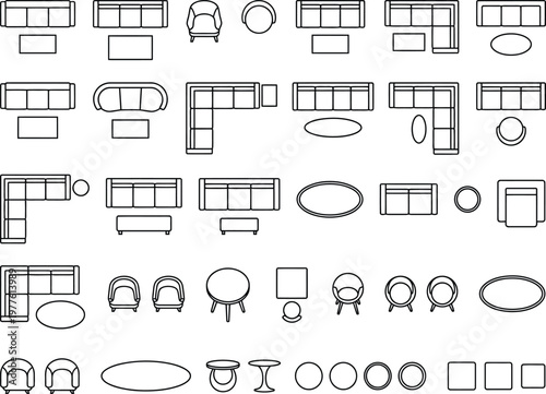 Living Room Furniture Symbols Vector Set, Top View Floor Plan Sofas Chairs Tables CAD Blocks