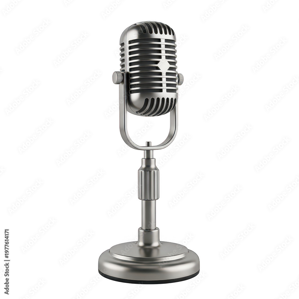 Fototapeta premium A classic silver vintage microphone mounted on a sturdy metal stand for professional recording isolated on transparent background