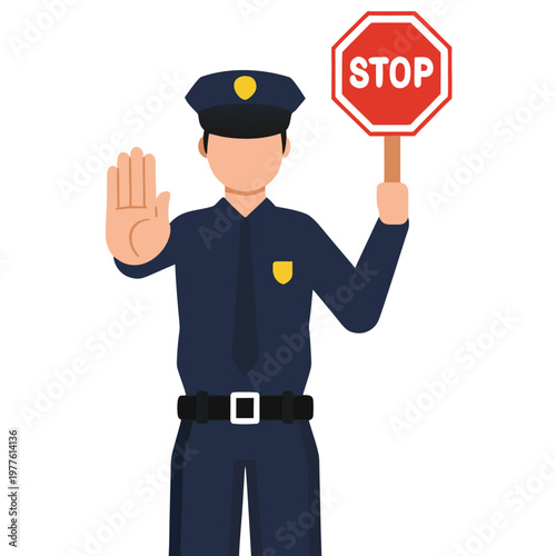 Police Officer Holding Red Octagonal STOP Sign and Showing Stop Gesture with Open Palm Hand