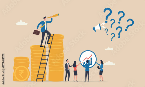 forecast profit concept, smart businessman leader climb up ladder on Indian rupee money coin with telescope look for vision