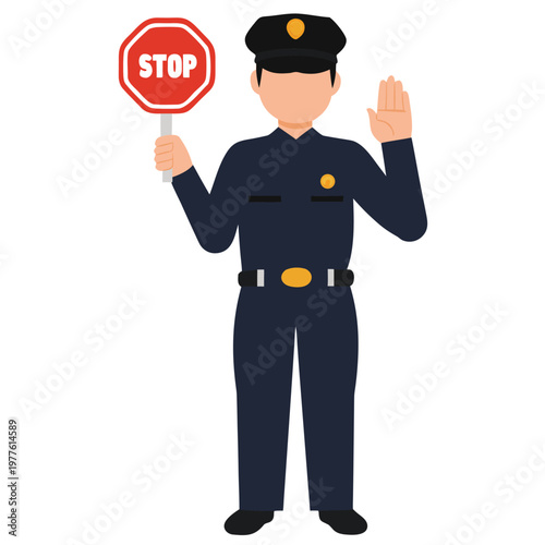 Confident police officer in uniform holding a stop sign and raising an open hand