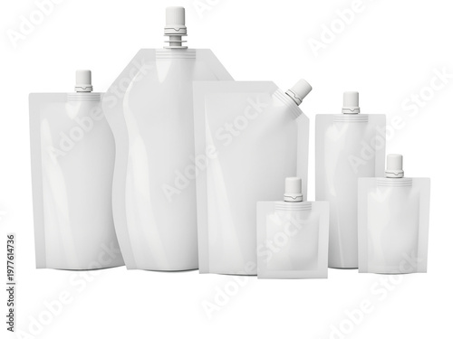 Set of white plastic spout pouches and stand up bags for liquid or food product packaging