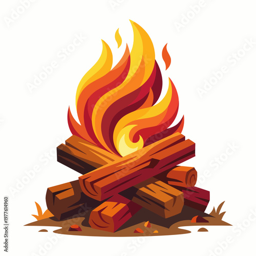 A vivid campfire scene featuring bright flames rising from a stack of wooden logs, creating a warm and inviting atmosphere perfect for outdoor gatherings and storytelling.