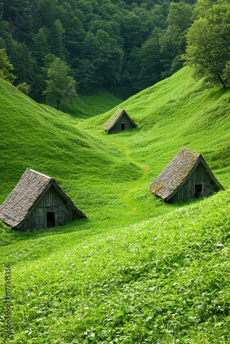 Green valley village wooden hut grassy hill forest landscape rural scene natural shelter thatched roof green meadow