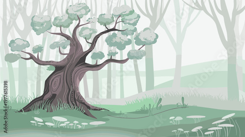A whimsical cartoon illustration of an ancient tree in a forest landscape scene