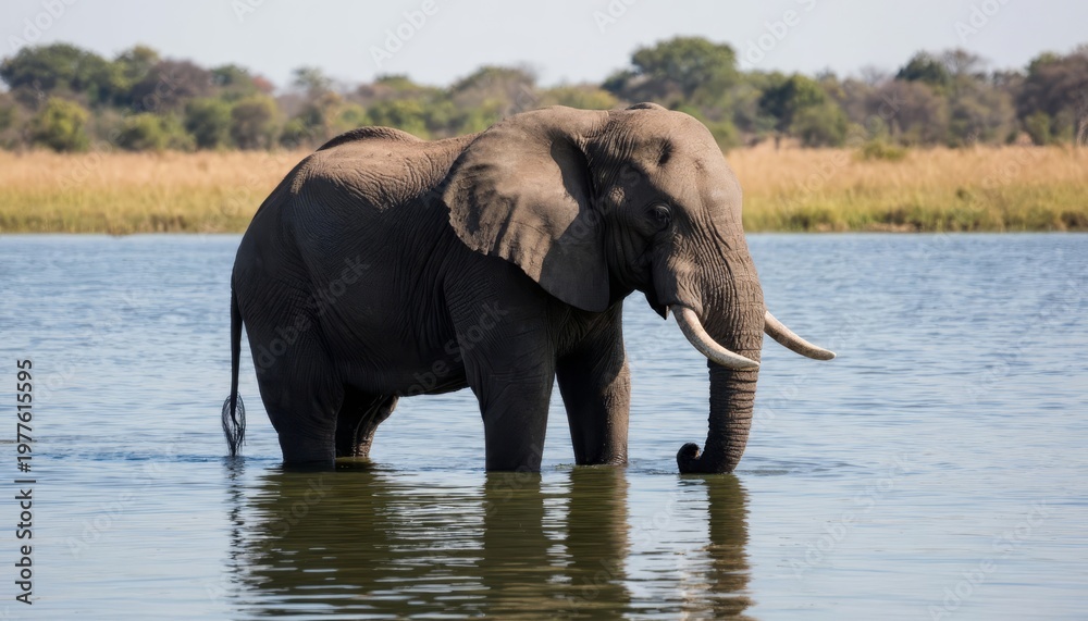 Fototapeta premium An elephant stands in shallow water, showcasing its large frame. The elephant appears calm in the serene landscape with grasses and trees in the background.