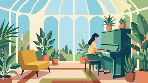 A serene scene depicting a person playing a piano in a sunlit room filled with lush greenery, evoking feelings of tranquility and creativity in a natural setting.