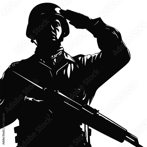 Military Soldier Silhouette in Helmet and Uniform Saluting with Rifle Representing Honor