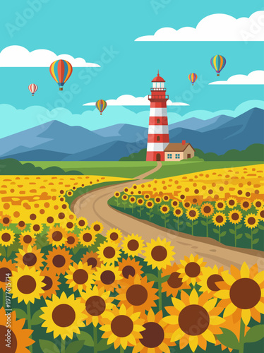Photography A vibrant lighthouse stands proudly in a sprawling sunflower field, surrounded by hot air balloons floating in a clear blue sky, encapsulating a sense of joy and tranquility
