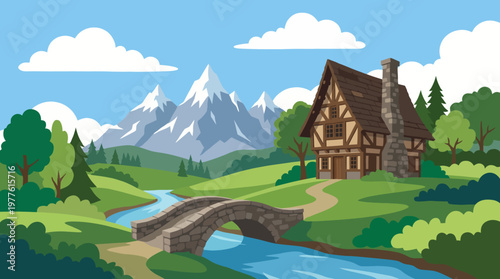 A picturesque cottage nestled beside a meandering river and surrounded by lush green hills, evoking a sense of peace and connection to nature in a serene landscape.