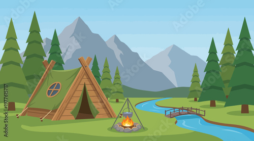 A peaceful campsite nestled in the mountains offers a serene view of nature, complete with a crackling fire and a gentle stream flowing through lush green surroundings.
