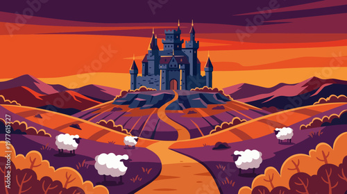 A stunning castle stands tall against a vibrant sunset, surrounded by rolling hills and sheep grazing peacefully, showcasing a serene and enchanting landscape.