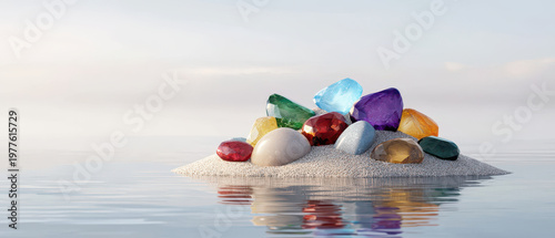 Gemstone island on calm water, colorful crystal cluster on sand