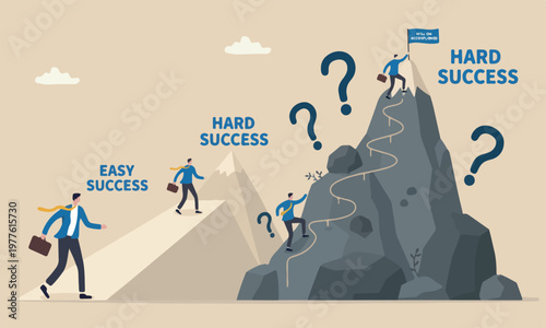 success illustration modern, flat design with clean lines and minimal shading business concept, businessmen compete easy and hard way to climb mountain