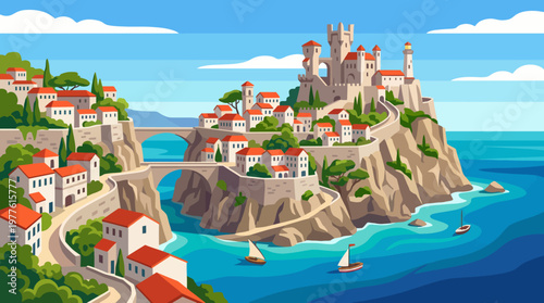 This picturesque coastal town is perched atop a rocky cliff, showcasing colorful architecture and stunning ocean views, representing beauty in harmony with nature and culture.