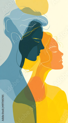 Abstract illustration of two human profiles in vibrant colors, showcasing emotional connection and harmony, with soft shapes and flowing lines representing unity and intimacy