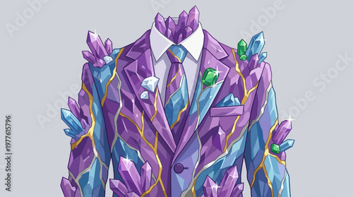 An imaginative suit design adorned with dazzling crystal geodes, representing uniqueness and creativity, blending fashion with an abstract, artistic vision.
