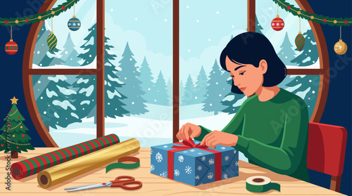 A cozy indoor scene shows a person wrapping a gift at a window with a snowy landscape, capturing the essence of holiday traditions and festive spirit during winter.