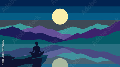A serene scene of a person meditating by a calm water body, with a full moon casting a gentle glow over the landscape, emphasizing peace and inner harmony at night.