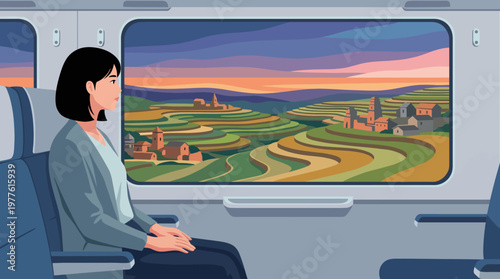 A thoughtful woman gazes out the window of a train, reflecting on the scenery of lush hills and quaint villages, illustrating the journey and moments of introspection in travel.