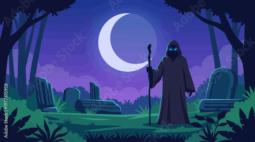 This eerie graveyard scene features a hooded figure standing among tombstones under a crescent moon, creating a mysterious and atmospheric setting filled with intrigue.