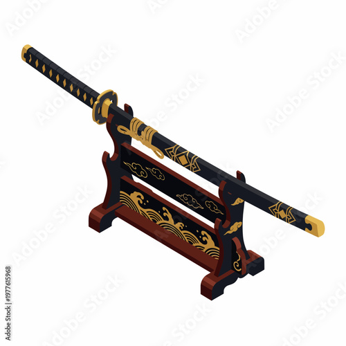 This stunning visual features an elegantly designed samurai sword resting on a beautifully crafted display stand, showcasing traditional craftsmanship and artistry in weaponry.