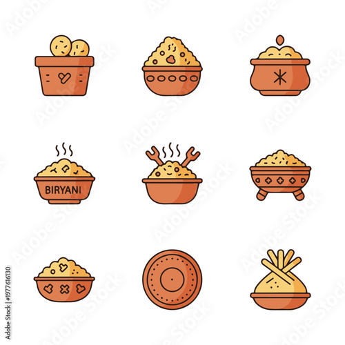 Vector Image of a Diverse Collection of Rice Dishes Icons, Representing Various Global Cuisines and Culinary Traditions in a Modern Flat Design Style