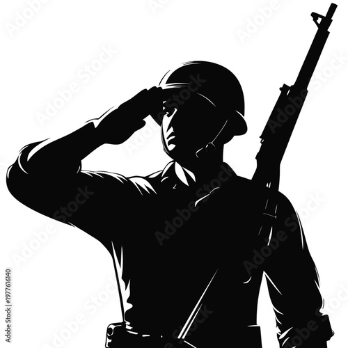 Brave Military Soldier Profile Silhouette Saluting with Rifle for Honoring Veterans