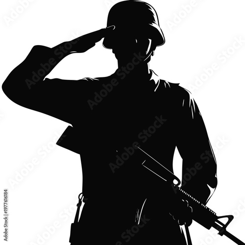 Dedicated Military Soldier Silhouette with Assault Rifle Saluting for Patriotism Concepts