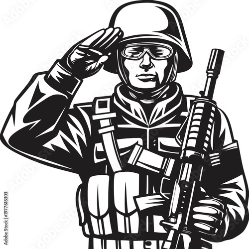 Military Soldier Saluting with Assault Rifle Detailed Vector Illustration for Security Concepts