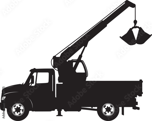 Black silhouette of a crane truck with a clamshell bucket extended, ready to scoop also transparent background