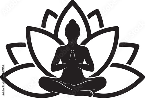 Black silhouette of a person meditating in lotus pose within a stylized lotus flower outline also transparent background