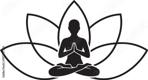 Silhouette of a person meditating in lotus pose within a stylized lotus flower, black and white also transparent background