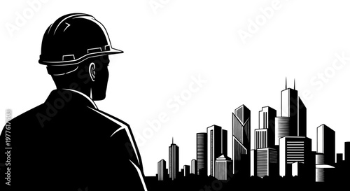 Construction worker, cityscape, urban landscape, industrial silhouette, black and white vector